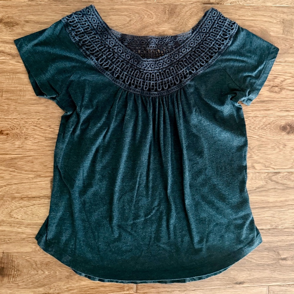 Prana Dark Gray Short Sleeve Top with Embroidered Scoop Neck